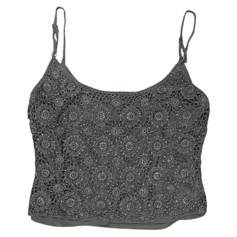 Carmen Marc Valvo Beaded Tank Top Gray Crochet Lace Camisole Boho Shirt Sz Small